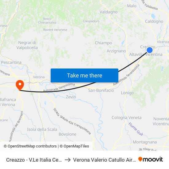 Creazzo - V.Le Italia Centro to Verona Valerio Catullo Airport map