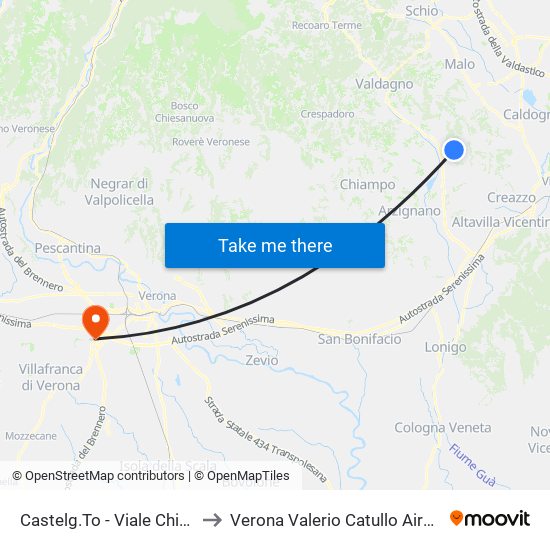 Castelg.To - Viale Chiuse to Verona Valerio Catullo Airport map