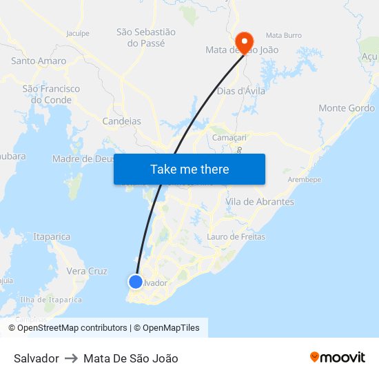 Salvador to Mata De São João map