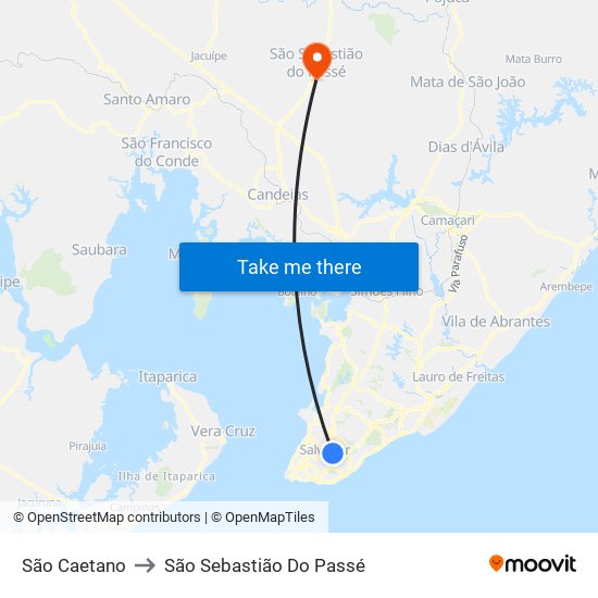 São Caetano to São Sebastião Do Passé map