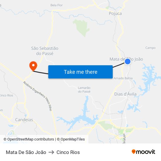 Mata De São João to Cinco Rios map