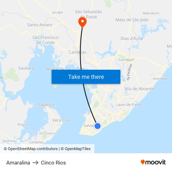 Amaralina to Cinco Rios map