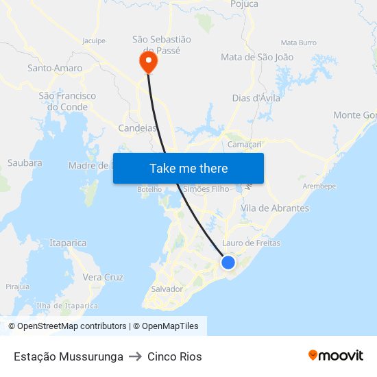 Estação Mussurunga to Cinco Rios map