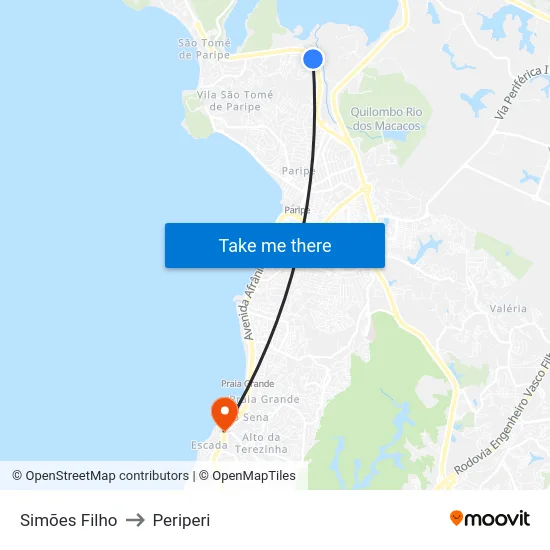 Simões Filho to Periperi map