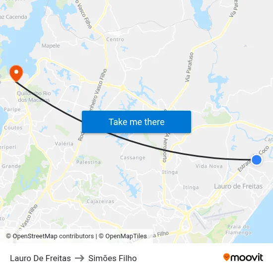 Lauro De Freitas to Simões Filho map
