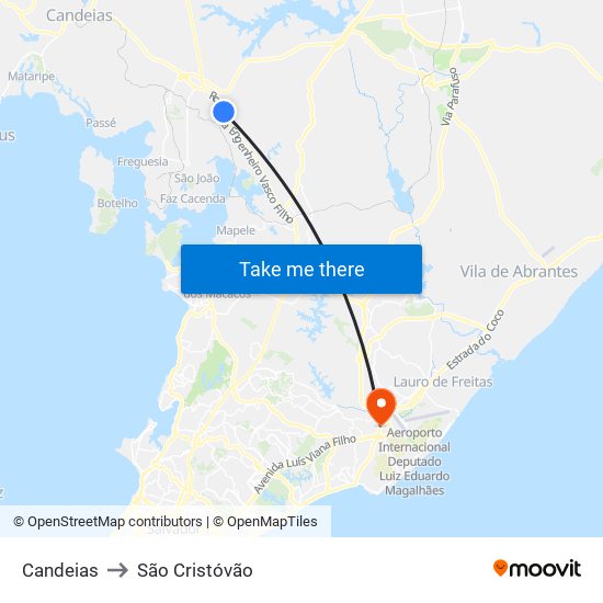 Candeias to São Cristóvão map