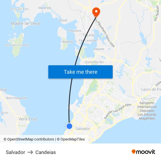 Salvador to Candeias map