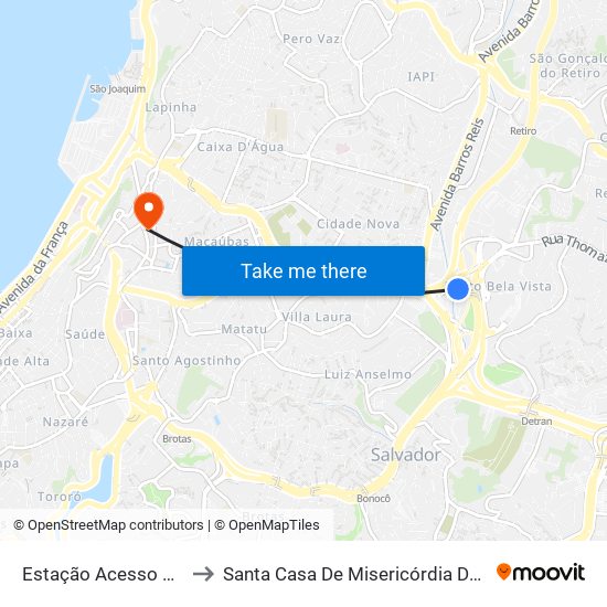 Estação Acesso Norte to Santa Casa De Misericórdia Da Bahia map