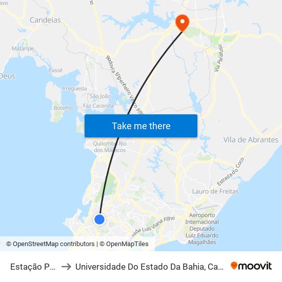 Estação Pirajá to Universidade Do Estado Da Bahia, Campus XIX map