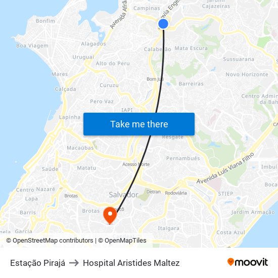 Estação Pirajá to Hospital Aristides Maltez map