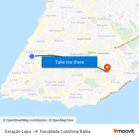 Estação Lapa to Faculdade Lusófona Bahia map