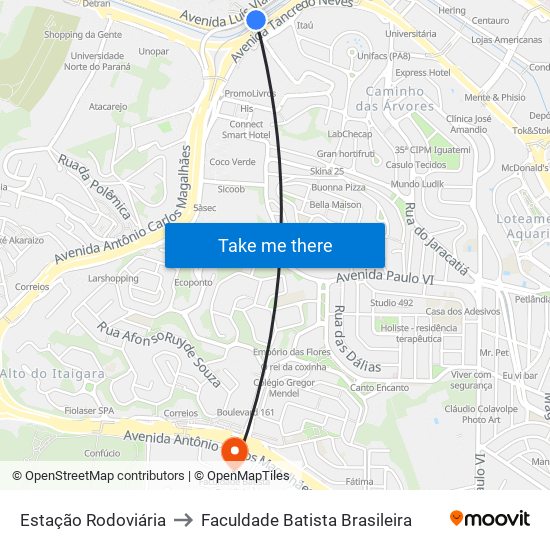 Estação Rodoviária to Faculdade Batista Brasileira map