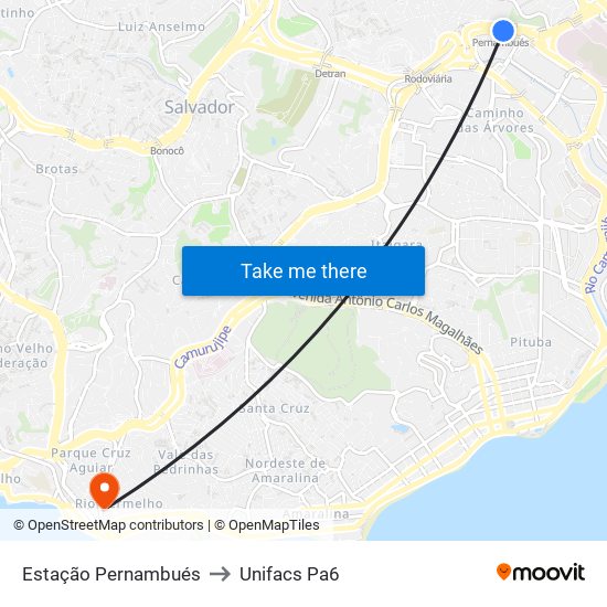 Estação Pernambués to Unifacs Pa6 map