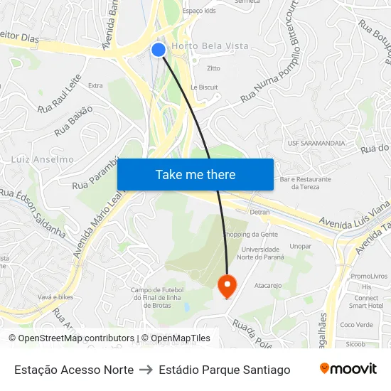 Estação Acesso Norte to Estádio Parque Santiago map