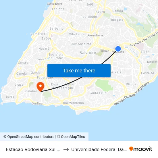 Estacao Rodoviaria Sul (B005) to Universidade Federal Da Bahia map