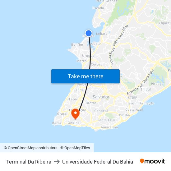 Terminal Da Ribeira to Universidade Federal Da Bahia map