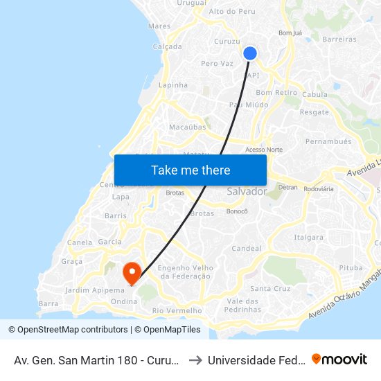 Av. Gen. San Martin 180 - Curuzu Salvador - Ba Brasil to Universidade Federal Da Bahia map
