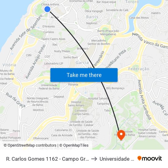 R. Carlos Gomes 1162 - Campo Grande Salvador - Ba 40060-330 Brazil to Universidade Federal Da Bahia map