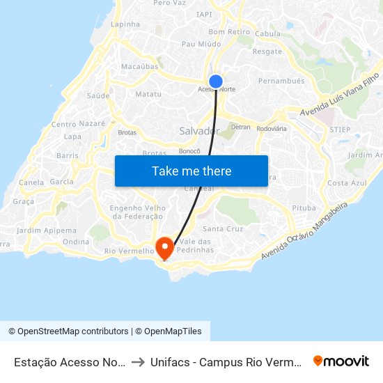 Estação Acesso Norte to Unifacs - Campus Rio Vermelho map