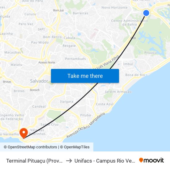 Terminal Pituaçu (Provisório) to Unifacs - Campus Rio Vermelho map