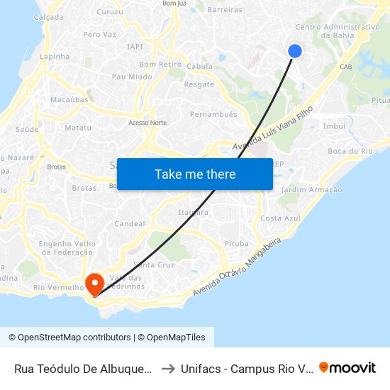 Rua Teódulo De Albuquerque, 222 to Unifacs - Campus Rio Vermelho map