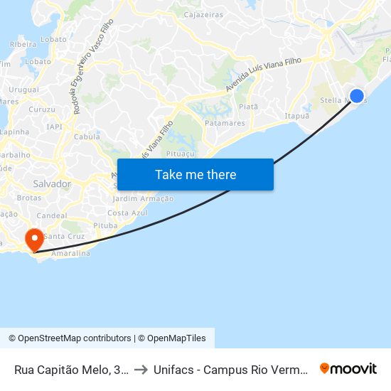 Rua Capitão Melo, 398 to Unifacs - Campus Rio Vermelho map