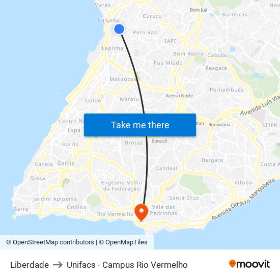 Liberdade to Unifacs - Campus Rio Vermelho map