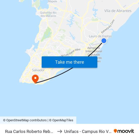 Rua Carlos Roberto Reboucas, 43 to Unifacs - Campus Rio Vermelho map