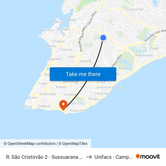 R. São Cristóvão 2 - Sussuarana Salvador - Ba 41213-430 Brasil to Unifacs - Campus Rio Vermelho map