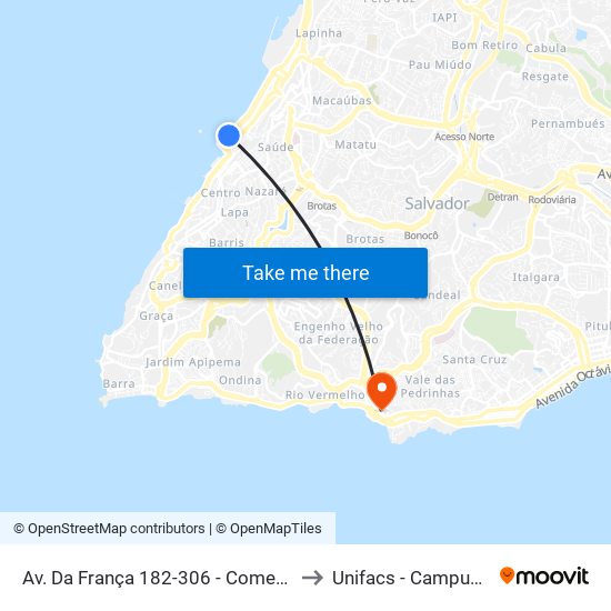 Av. Da França 182-306 - Comercio Salvador - Ba Brasil to Unifacs - Campus Rio Vermelho map