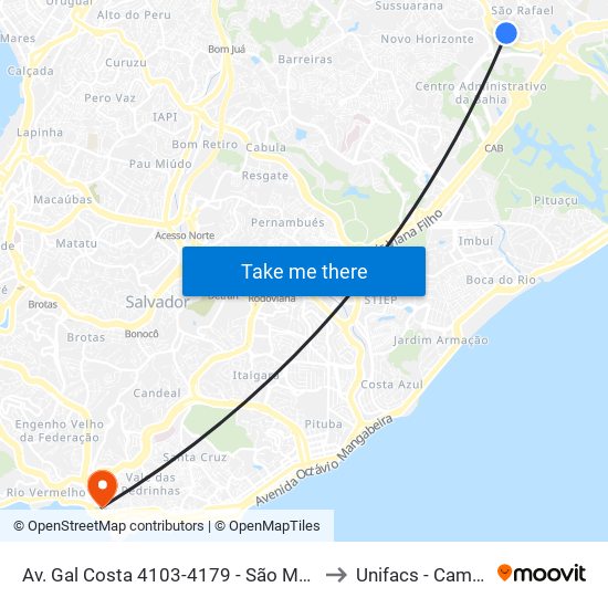 Av. Gal Costa 4103-4179 - São Marcos Salvador - Ba 41230-388 Brasil to Unifacs - Campus Rio Vermelho map