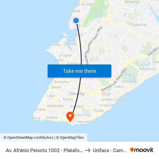 Av. Afrânio Peixoto 1002 - Plataforma Salvador - Ba 40717-140 Brasil to Unifacs - Campus Rio Vermelho map