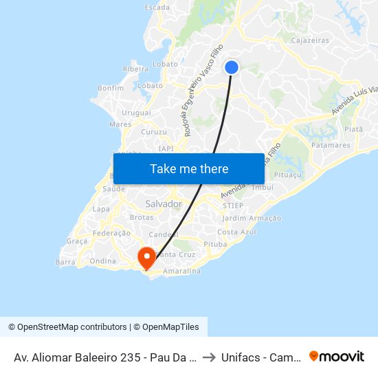 Av. Aliomar Baleeiro 235 - Pau Da Lima Salvador - Ba 41235-305 Brasil to Unifacs - Campus Rio Vermelho map