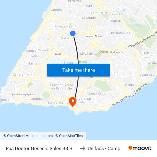 Rua Doutor Genesio Sales 38 Salvador - Bahia 40243 Brasil to Unifacs - Campus Rio Vermelho map