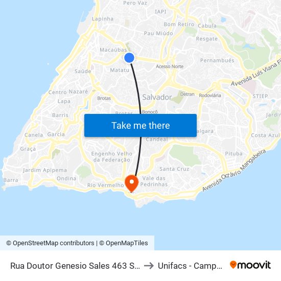 Rua Doutor Genesio Sales 463 Salvador - Bahia 40243 Brasil to Unifacs - Campus Rio Vermelho map