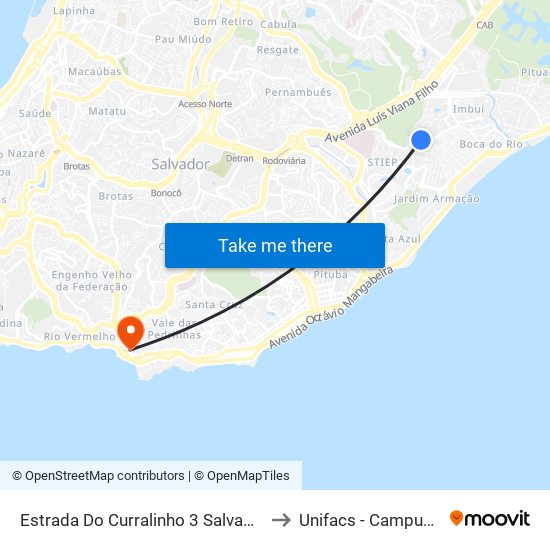 Estrada Do Curralinho 3 Salvador - Bahia 41750 Brasil to Unifacs - Campus Rio Vermelho map