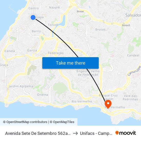 Avenida Sete De Setembro 562a Salvador - Bahia 40060 Brasil to Unifacs - Campus Rio Vermelho map