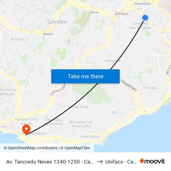 Av. Tancredo Neves 1240-1250 - Caminho Das Árvores Salvador - Ba 41820-020 Brasil to Unifacs - Campus Rio Vermelho map