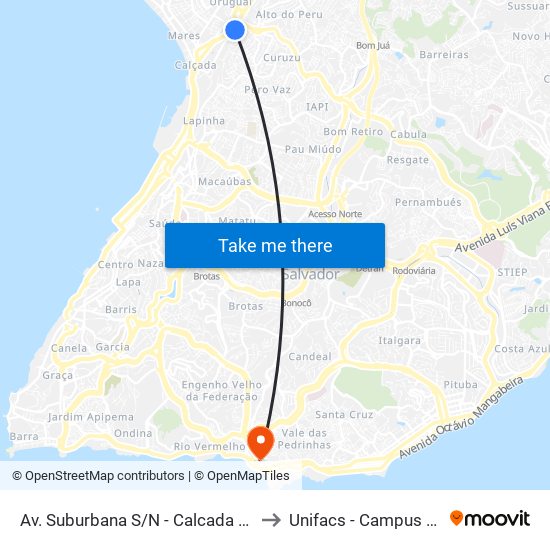 Av. Suburbana S/N - Calcada Salvador - Ba Brasil to Unifacs - Campus Rio Vermelho map