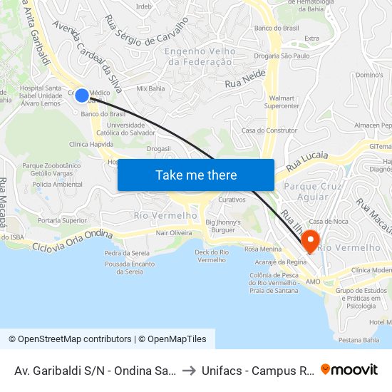 Av. Garibaldi S/N - Ondina Salvador - Ba Brazil to Unifacs - Campus Rio Vermelho map