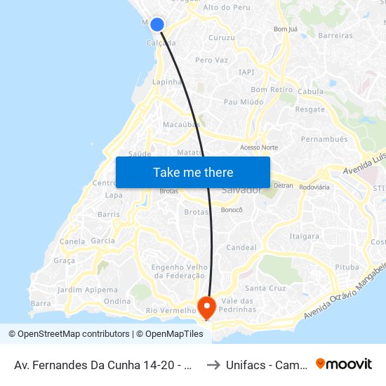 Av. Fernandes Da Cunha 14-20 - Mares Salvador - Ba 40445-200 Brasil to Unifacs - Campus Rio Vermelho map