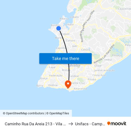 Caminho Rua Da Areia 213 - Vila Rui Barbosa Salvador - Ba Brasil to Unifacs - Campus Rio Vermelho map