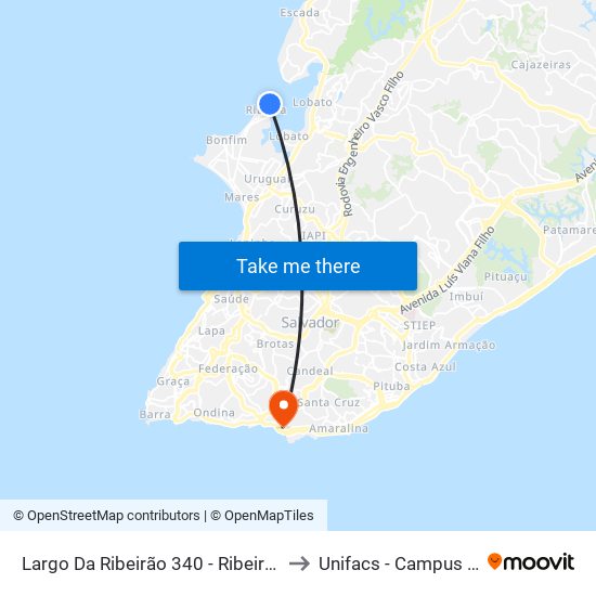 Largo Da Ribeirão 340 - Ribeira Salvador - Ba Brasil to Unifacs - Campus Rio Vermelho map