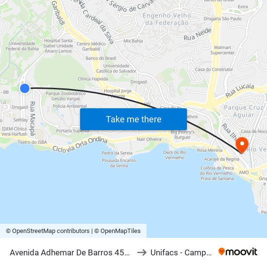 Avenida Adhemar De Barros 454 - Ondina Salvador - Ba Brasil to Unifacs - Campus Rio Vermelho map