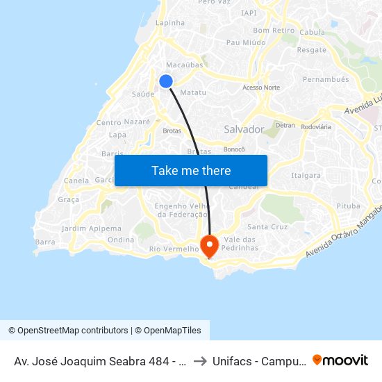 Av. José Joaquim Seabra 484 - Nazaré Salvador - Ba Brasil to Unifacs - Campus Rio Vermelho map