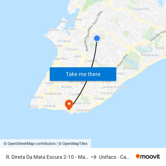 R. Direta Da Mata Escura 2-10 - Mata Escura Salvador - Ba 41225-190 Brasil to Unifacs - Campus Rio Vermelho map
