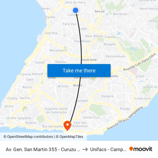 Av. Gen. San Martin 355 - Curuzu Salvador - Ba 40354-185 Brasil to Unifacs - Campus Rio Vermelho map