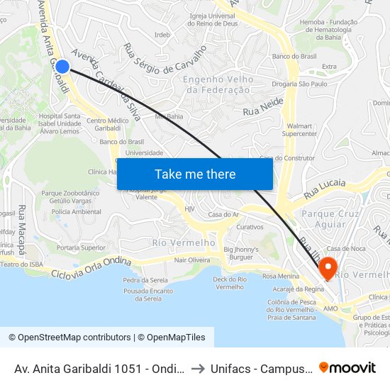 Av. Anita Garibaldi 1051 - Ondina Salvador - Ba Brasil to Unifacs - Campus Rio Vermelho map