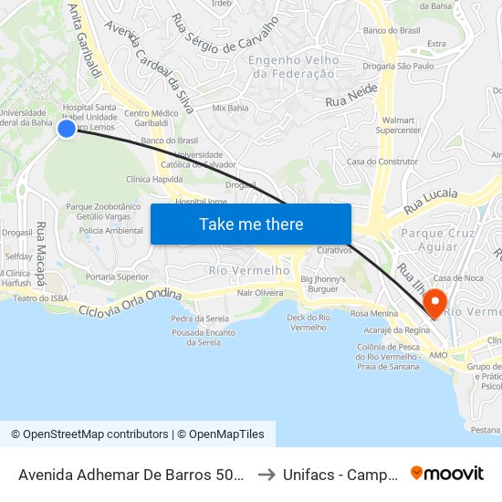 Avenida Adhemar De Barros 500 - Ondina Salvador - Ba Brazil to Unifacs - Campus Rio Vermelho map