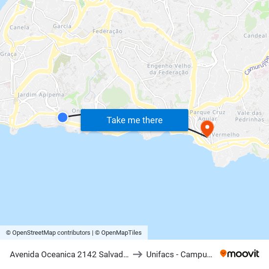 Avenida Oceanica 2142 Salvador - Bahia 40170 Brasil to Unifacs - Campus Rio Vermelho map